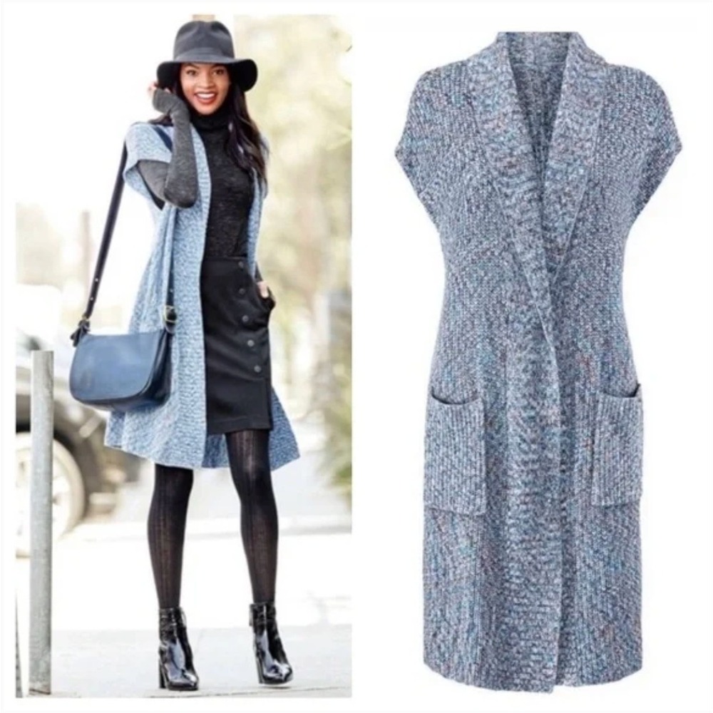 Cabi Napa Long Open‎ Sweater Vest Duster S Blue Lagenlook Chunky Knit Layering